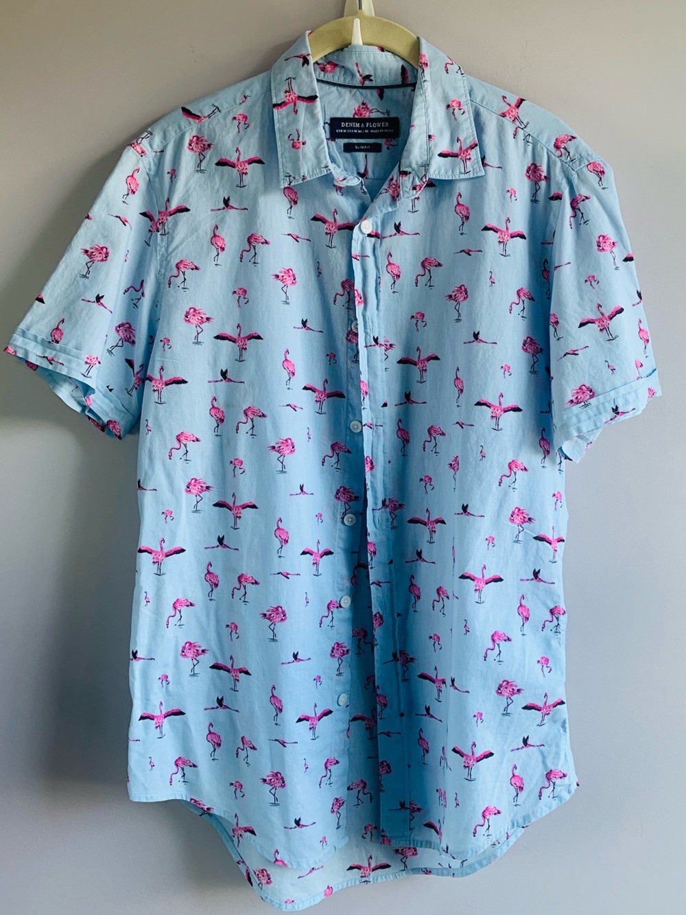 Denim & Flower Flamingo Shirt Blue Pink Cotton Slim Fit Vacation Beach Fun EUC M